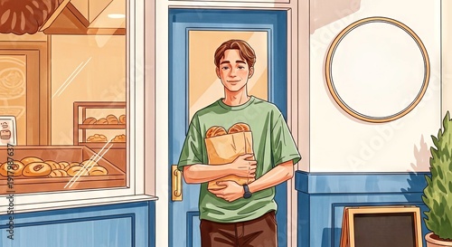 Young man smiling while holding a bag of baked goods at bakery  