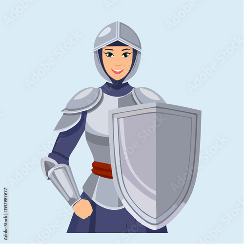 Kobieta rycerz z tarczą, symbol ochrony, bezpieczeństwa i obrony przed zagrożeniami.