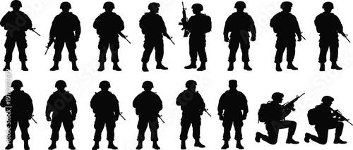 Large collection of black military soldier silhouettes featuring infantry troops in various combat poses standing and kneeling with rifles isolated vector on white background.