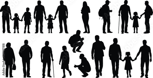 Large collection of black people silhouettes featuring families walking children holding hands elderly with canes and individuals in various standing and crouching poses for urban design