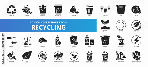 Set of 30 collection of recycling icons suitable for web and mobile application. Set of glyph style icons with recycle, reuse, reduce, compost, waste, and more icons.