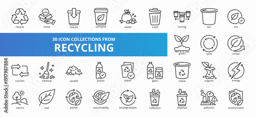 Set of 30 collection of recycling icons suitable for web and mobile application. Set of outline style icons with recycle, reuse, reduce, compost, waste, and more icons.