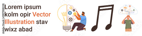 Creativity, innovation, teamwork, music, cloud computing, data. A light bulb with gears, a person fixing it musical notes a person under a cloud. Creativity and innovation concepts