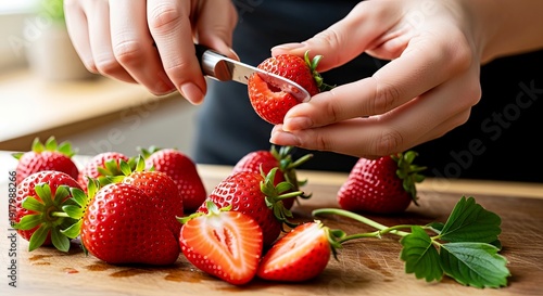 Woman slicing fresh strawberries on wooden kitchen countertop  