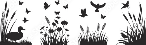 Black silhouette nature collection featuring birds, butterflies, duck, wildflowers and reeds in grass, isolated vector set for design, spring wildlife illustration on white background