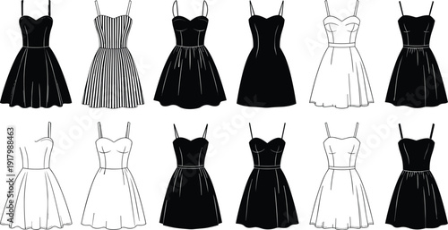 Set of summer sundress vector illustrations featuring black and white sleeveless cocktail dress mockups for fashion design retail branding clothing templates and apparel technical drawings