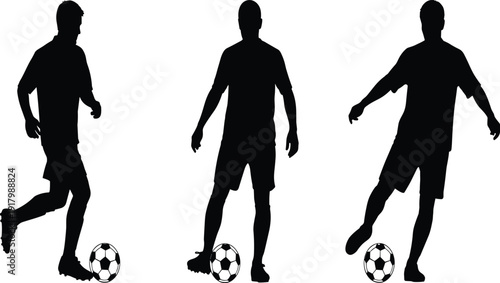 Set of three black silhouettes of professional male soccer players dribbling and controlling footballs isolated on a plain white background