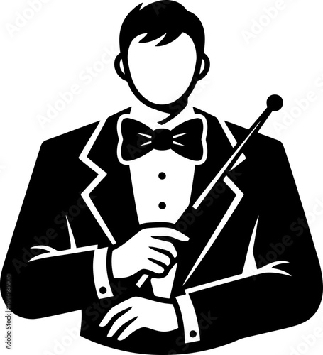 Unidentifiable man magician or showman holding a wand. Simple silhouette concept. Black and white vector icon for entertainment event, performance