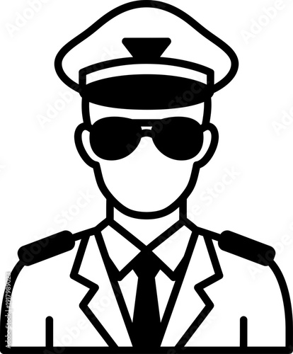 Man pilot avatar icon in uniform, captain with cap and sunglasses, simple outline design. Vector illustration for profile, user, airline concept
