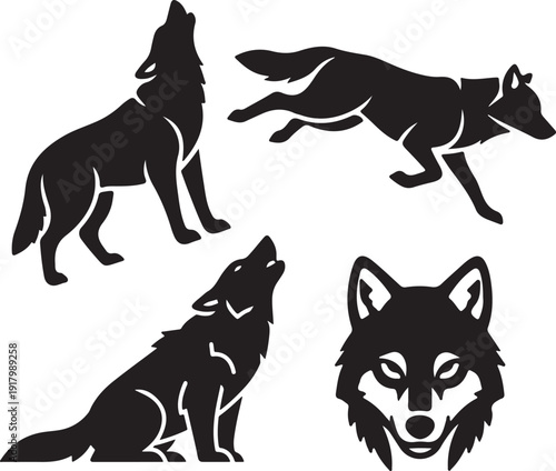 Wolf Silhouette Set Howling, Running Wolf and Wolf Head Icon Collection.