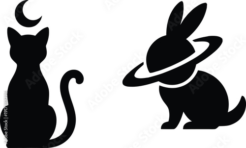 Black silhouette vector set of mystical animals featuring a cat with a crescent moon and a rabbit with a planet ring.