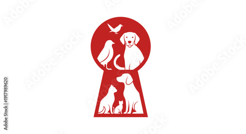 Bold Silhouette Icon of a Keyhole Outlined by a United Pet Family. transparent.