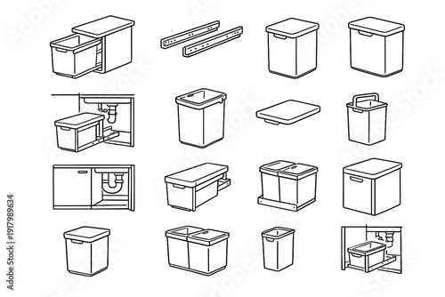 Handle front sink clean hidden mechanism icon under installation bucket trash vector
