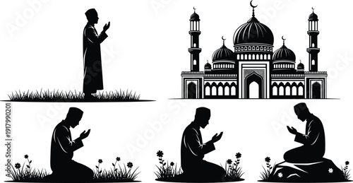 Muslim man praying silhouette set with mosque showing Islamic faith worship spirituality Ramadan devotion isolated on white background illustration religious concept design