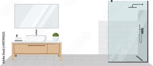 Modern bathroom interior with wooden vanity and glass shower cabin, isolated on white background