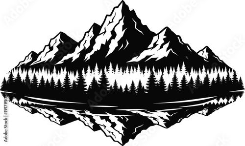 Mountain landscape silhouette with pine forest and lake reflection showing wilderness nature scenery adventure outdoor travel isolated on white background illustration design