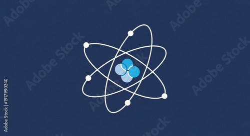 Stylized atom illustration with blue nucleus on dark background