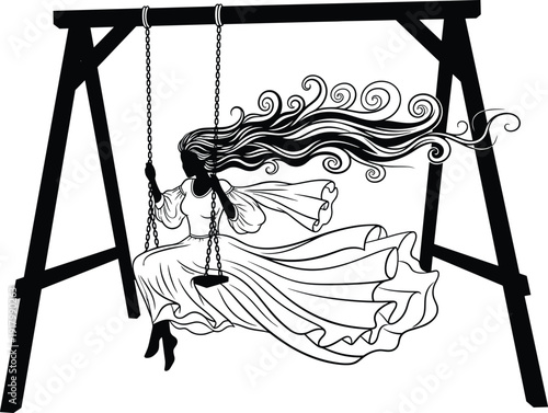 Romantic girl on swing silhouette with flowing hair and dress showing dreamy fantasy motion poetic illustration isolated on white background artwork elegant line art