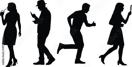 People Silhouette Collection Featuring Woman Drinking Man Using Smartphone Running Male and Woman with Magnifying Glass Vector Illustration
