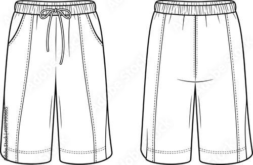 Vector flat sketch illustration of unisex athletic shorts with elastic drawstring waistband and side pockets for fashion design technical drawing and apparel branding