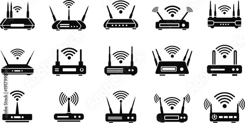 Set of Wireless Router and WiFi Signal Icons in Black Silhouette Flat Vector Collection for Network Technology Design