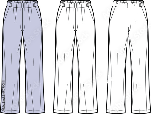 Vector flat sketch illustration of women's wide leg sweatpants with elastic waistband and side pockets for fashion design technical drawing and apparel branding