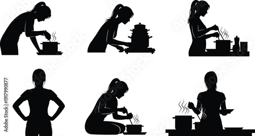 Woman cooking silhouette set showing kitchen activities food preparation home lifestyle domestic work isolated on white background illustration collection culinary concept design