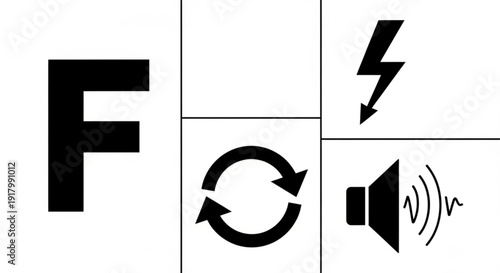 Modern icons for fast forward, lightning speed, refresh cycle, and sound waves