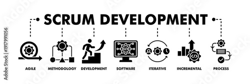 Scrum development banner web glyph vector illustration concept with icon of agile, methodology, development, software, iterative, incremental and process