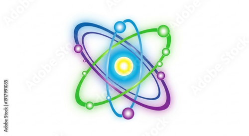 Vibrant atom illustration with colorful electrons and nucleus