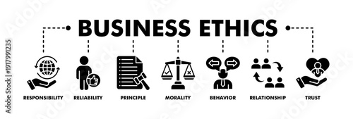 Business ethics banner web glyph vector illustration concept for web and print with an icon of responsibility, reliability, principle, morality, behavior, relationship, and trust