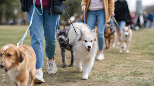 Dog walkers strolling with multiple dogs in a park on a sunny day  
