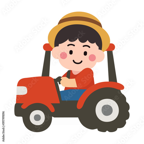 Cute Farmer Riding Tractor Flat Illustration
