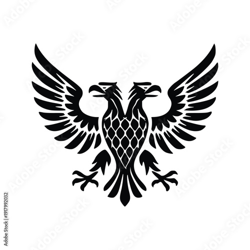 A vector black silhouette of a two-headed eagle logo presented on a clean white background. The design features a symmetrical, heraldic posture with both eagle heads facing outward in opposite directi