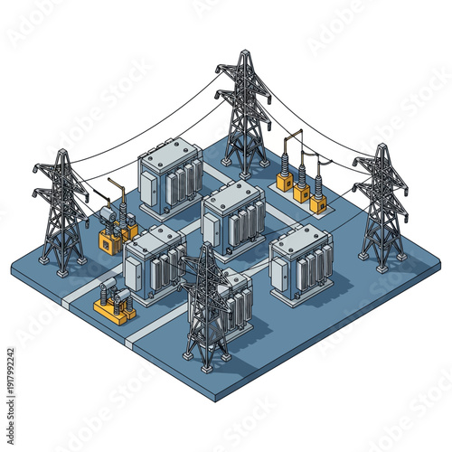 Isometric illustration of an electrical substation with transformers and power lines.