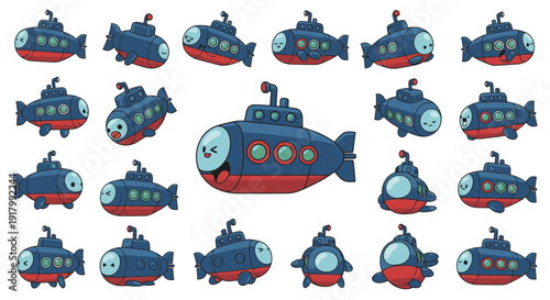 Cartoon submarines in various positions and expressions  