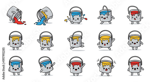 Cute cartoon paint buckets expressing various emotions and actions  