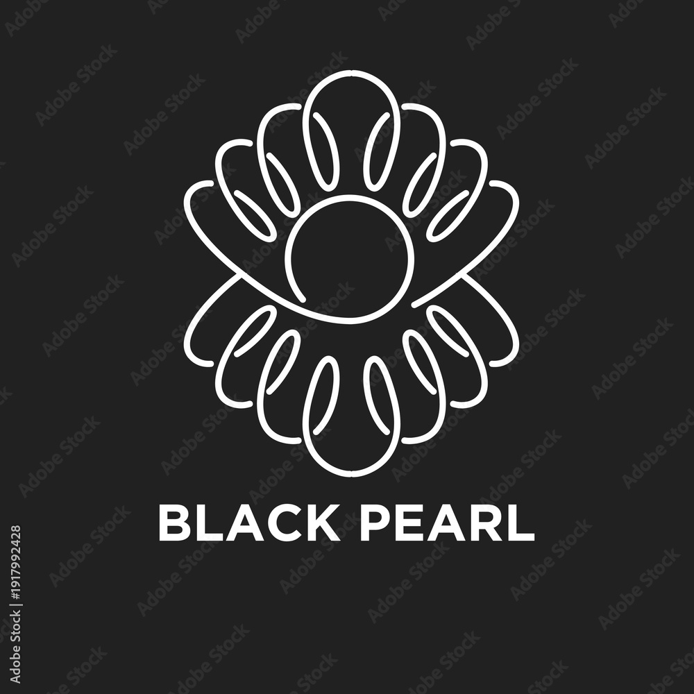 Obraz premium Black Pearl Abstract Minimalist Logo Design with White Line Art Circular Floral Pattern on Dark Background