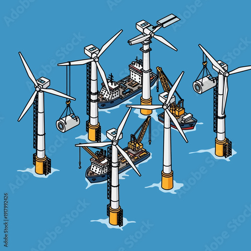 Offshore wind turbines installation in the ocean.