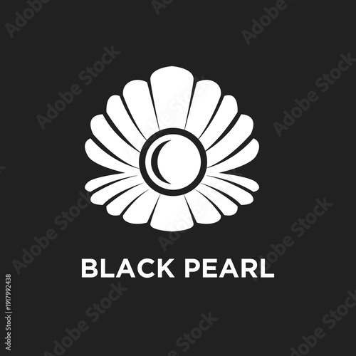 Minimalist Black Pearl logo design featuring a white oyster shell with a pearl on a dark black background, representing elegance and luxury.
