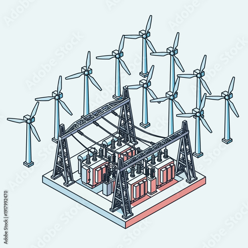 Isometric illustration of wind turbines connected to electrical substation.