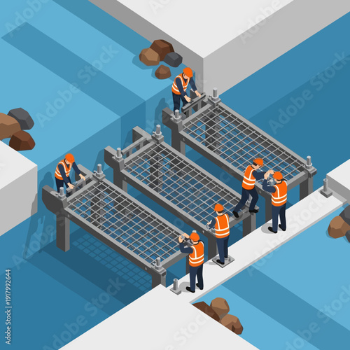 Construction workers building a metal grid structure over water.