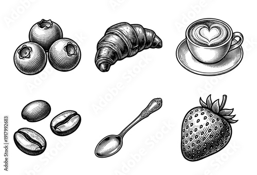Set of breakfast and cafe related illustrations featuring coffee, pastries, and berries in a classic vintage engraving style.