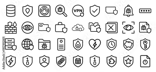 Cybersecurity and data protection line icon set. Vector pictograms of firewall, vpn, malware, encryption, biometrics, cloud safety, and database privacy illustration.