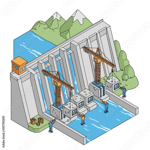 Isometric illustration of a hydroelectric dam under construction with cranes and workers.
