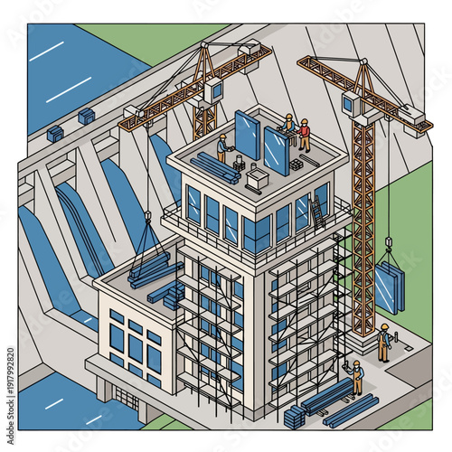 Construction site with cranes and scaffolding on a building.