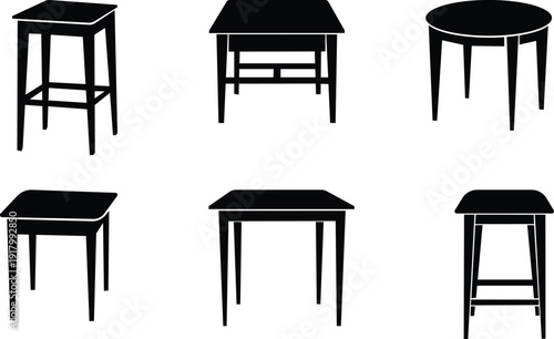 Six black tables in different orientations and styles