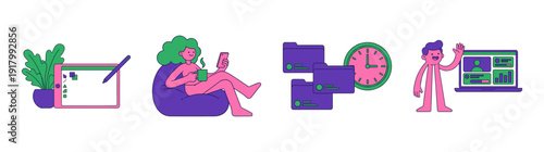 Flat Vector Remote Work and Productivity Character Element Kit for Modern Digital Freelancing Theme