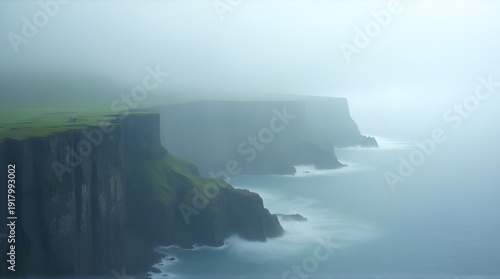 Foggy Coastal Cliffs Overlooking a Misty Sea — Remote Rugged Landscape and Moody Seascape