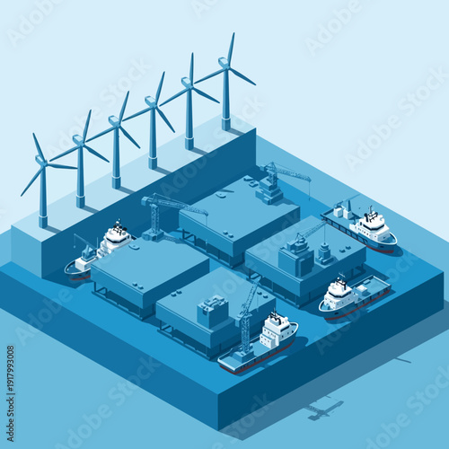 Isometric illustration of a port with wind turbines and cargo ships.